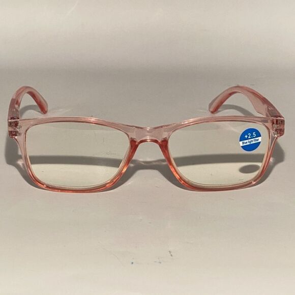 1439 Helen 2.5 Reading Glasses Thin Rectanle Bluelight Filter Pink Frames NWT - Picture 3 of 9